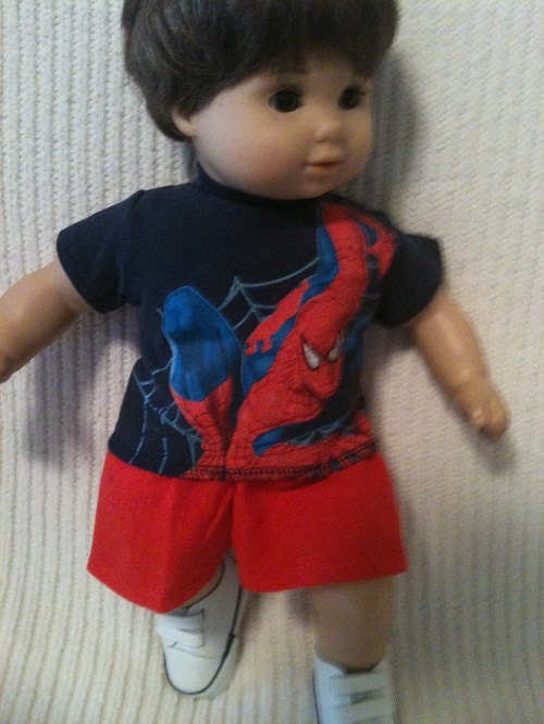 15 inch boy doll (modeled by Bitty Baby) Spiderman shirt with red shorts
