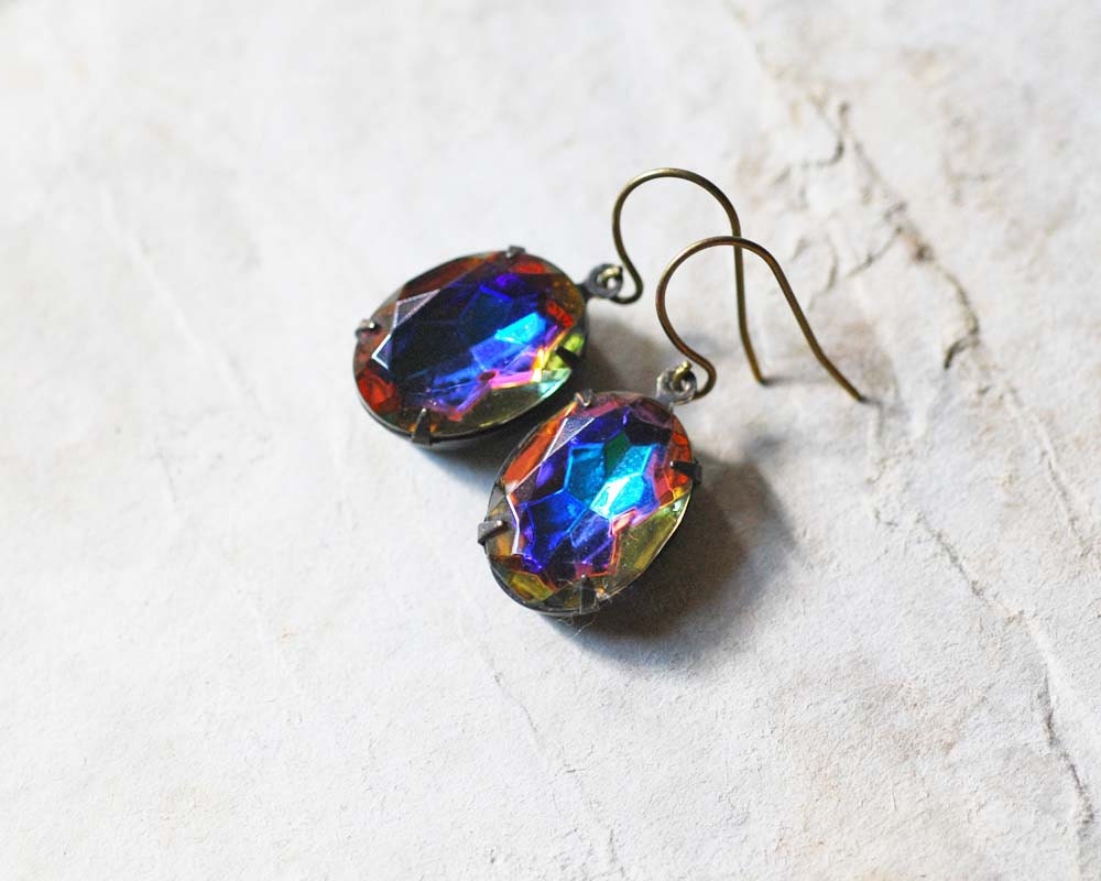 no. 148 - iridescent glass and oxidized brass earrings