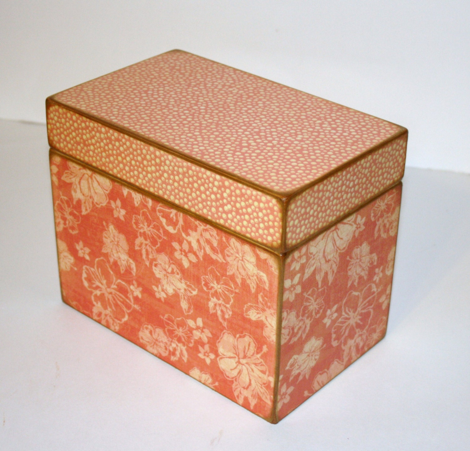 Recipe Box - Coral Hibiscus and Dot Handmade 4x6 Wooden Recipe Box Address File Wedding Guest Book Box