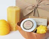 on backorder - bee happy gift set - handmade soap, beeswax candles, lip balm, solid lotion bar - Mother's Day, birthday, teacher gift