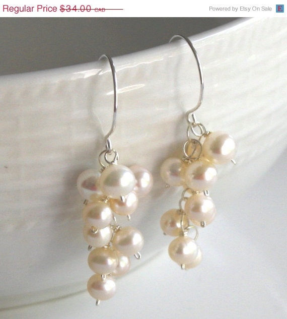 Pearl Cluster Earrings in White and Sterling Silver, Clip-on available handmade, bridal, wedding, classic