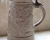 Antique German Beer Stein Tankard Stoneware Pottery Pewter Lid Gold