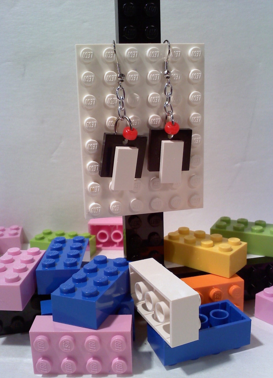 Upcycled Lego Earrings, BLACK RED WHITE