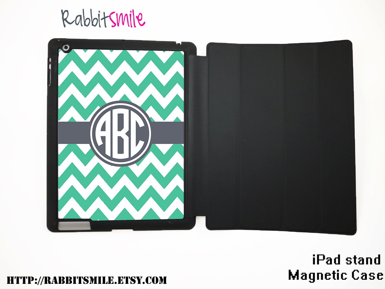 Personalized Monogram iPad 4 Case / The new iPad 3 / Monogrammed iPad Smart Cover / Flip Case / Magnetic Case - Mint Gray Chevron