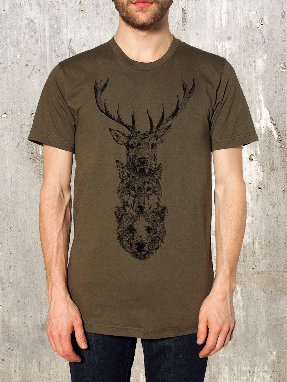 Men's T-Shirt with Elk, Wolf, Bear Totem - Screen Printed American Apparel - Available in S, M, L, XL and XXL