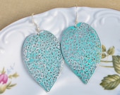 Silver Patina Leaves Earrings, Large Verdigris Patina Filigree Leaves,Boho,Aqua Green,Lightweight Metal Dangle Earrings,Sterling Silver