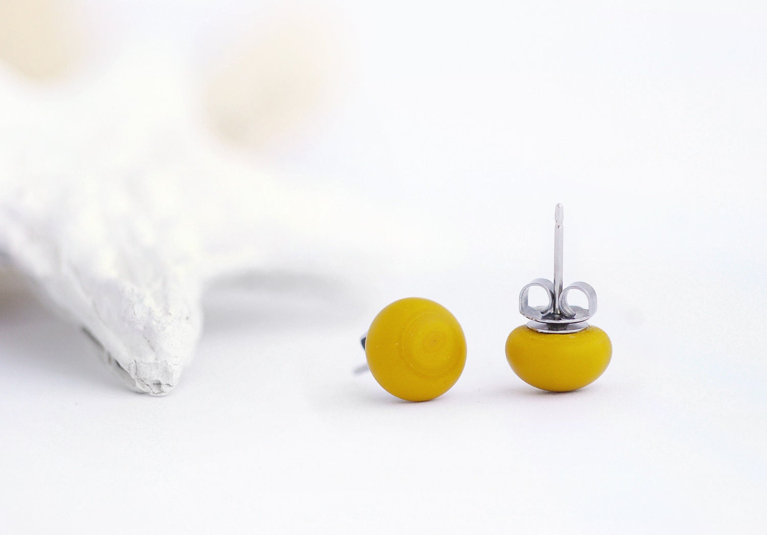 Mustard Yellow Earrings Studs matte glass. - LiperlaHandmadeGlass