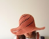 Crochet Summer Brim Hat Salmon Pink Sea Breeze Rowan Handknit Cotton Mother Day Accessory Ocean Sky Beach Sun by dodofit on Etsy
