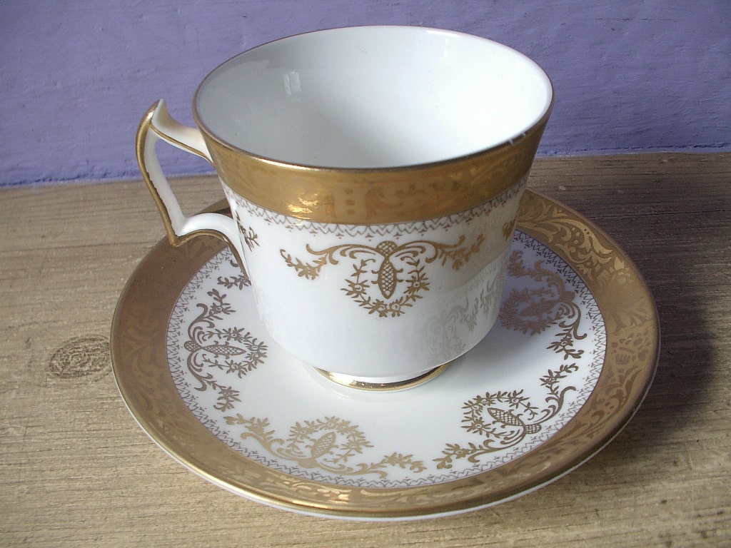 Antique gold tea cup, Vintage 1940's Royal Chelsea 50th Anniversary tea set, English tea cup, gold and white bone china tea cup