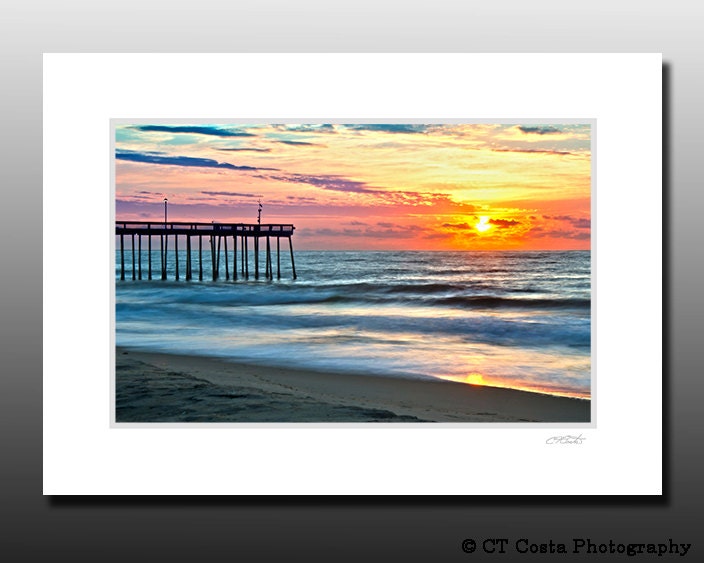 Beach Sunrise Photo, Landscape beach print, Blue, Orange, Signed Matted Print, Ready for framing, Bathroom wall art