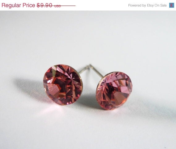 10% OFF Pink Stud Earrings - Light Rose Swarovski Crystal Ear Studs 8mm - Romantic Bridesmaids Earrings - Hypoallergenic For Sensitive Ears