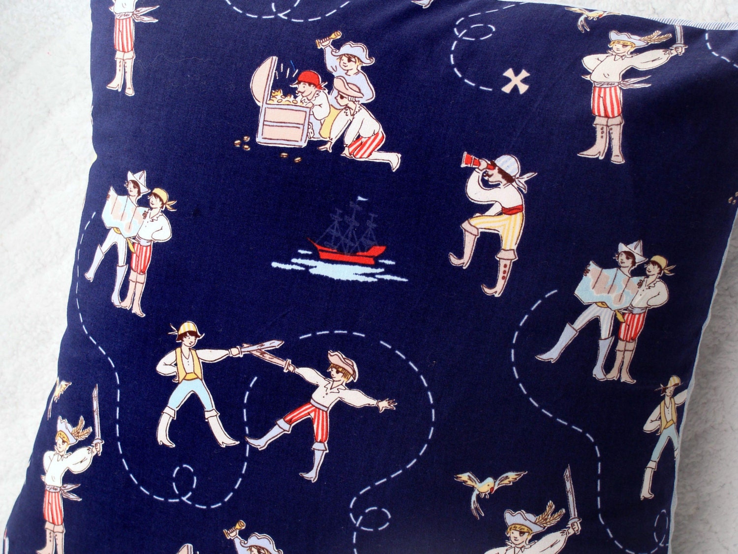 Baby Shower Gift - Nursery Decor - Kids bedroom - Pillow Case / Cover 14x14 - Pirates - Navy - White- Out to Sea - Sarah Jane Fabric