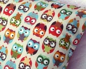 Owl Pillow Case / Cover - Home Decor - Nursery - Children's bedroom - 16x16 - Bright colored owls on cream with Fiery Orange Back