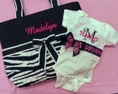 Personalized Quilted Diaper Bag and Onesie Zebra Fuchsia