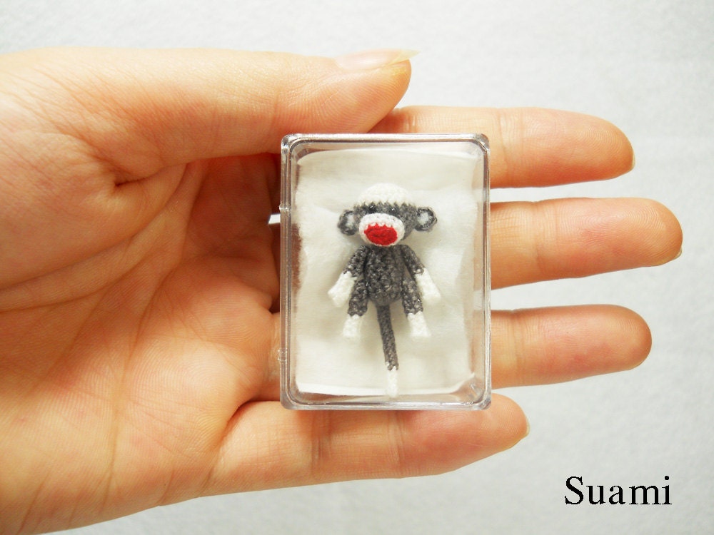 Tiny Sock Monkey 1 inch - Micro Amigurumi Crochet Miniature Sock Monkey Stuff Animal - Made To Order