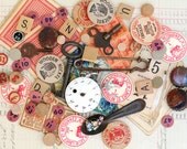 Vintage Mixed Media Lot, Skeleton Keys, Cards, Bingo Pieces, Watch Face, Scrabble Tiles