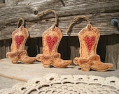 Set of 3 Red Heart Cowgirl Boot Ornaments / Cowboy Decor / Rustic Ranch Decoration / Western Decor / Rustic Wedding Gifts