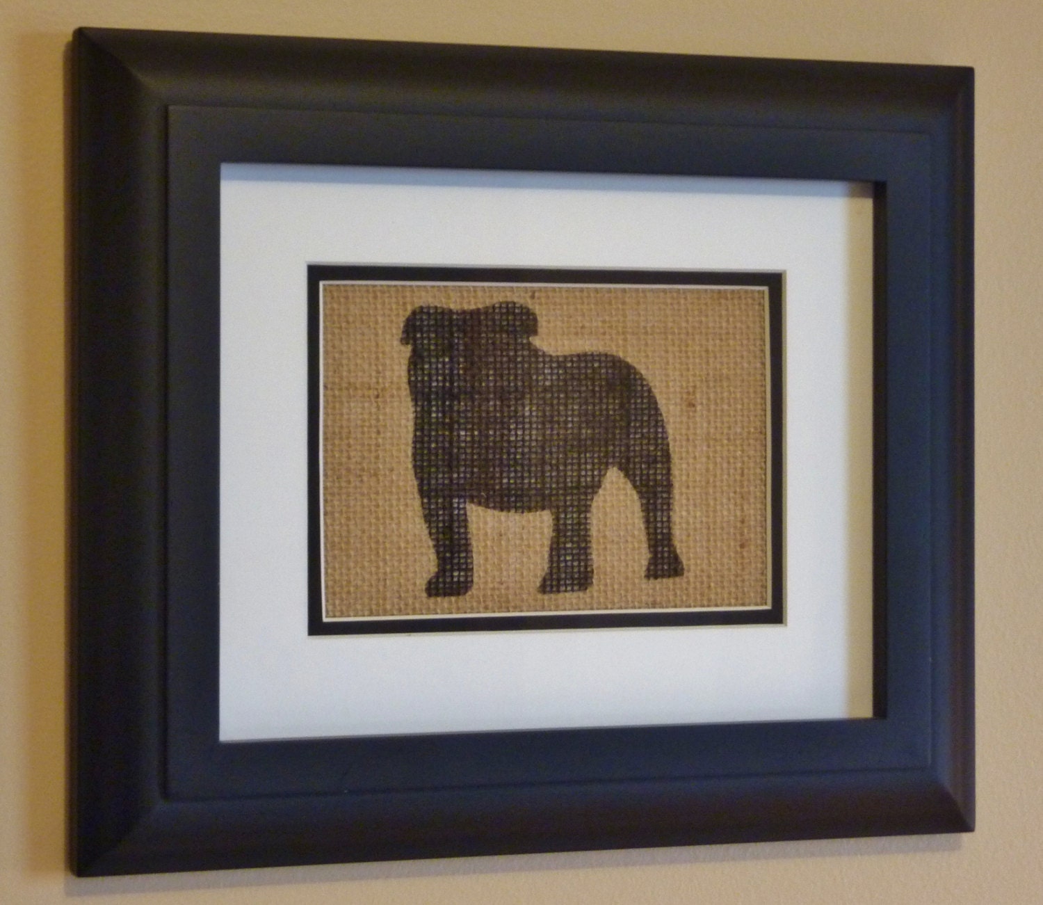 Stenciled English Bulldog Silhouette Double Matted Burlap Art Print- 8x10