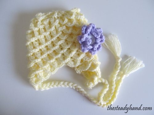 Yellow Crocodile Stitch Hat with earflaps and braids (0 to 3 months) I6
