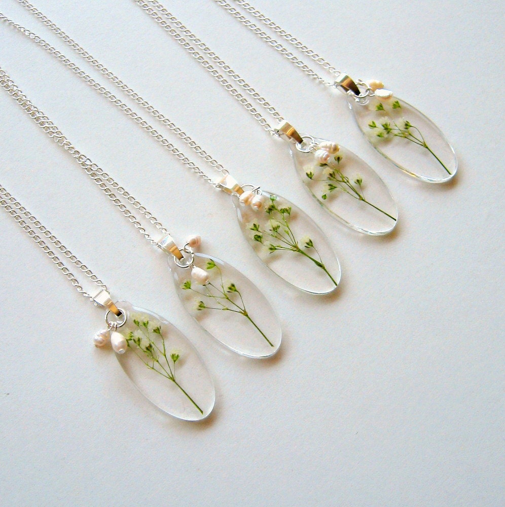 Wedding Bridesmaids Gypsophila Real Flower Garden Necklaces with Freshwater Pearls - set of five - Bridesmaids Gift