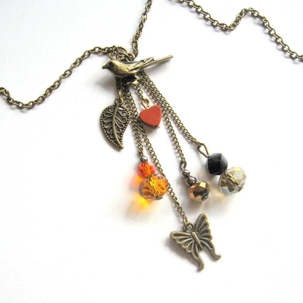 Antique Gold Bird, Leaf, Butterfly, and Crystals Sunset Drop Necklace - Modern, Heart, Nature, Bohemian, Trend
