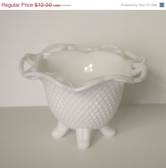 SALE Imperial Glass Footed Dish, Diamond Pattern Milk Glass, Vintage White Compote