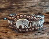 Lucky Elephant Bracelet Silver and Pearl Cuff Leather Wrap