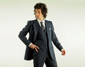 vintage mens three piece suit slate blue pinstripe Pierre Cardin 100% wool 40L 32W long big tall