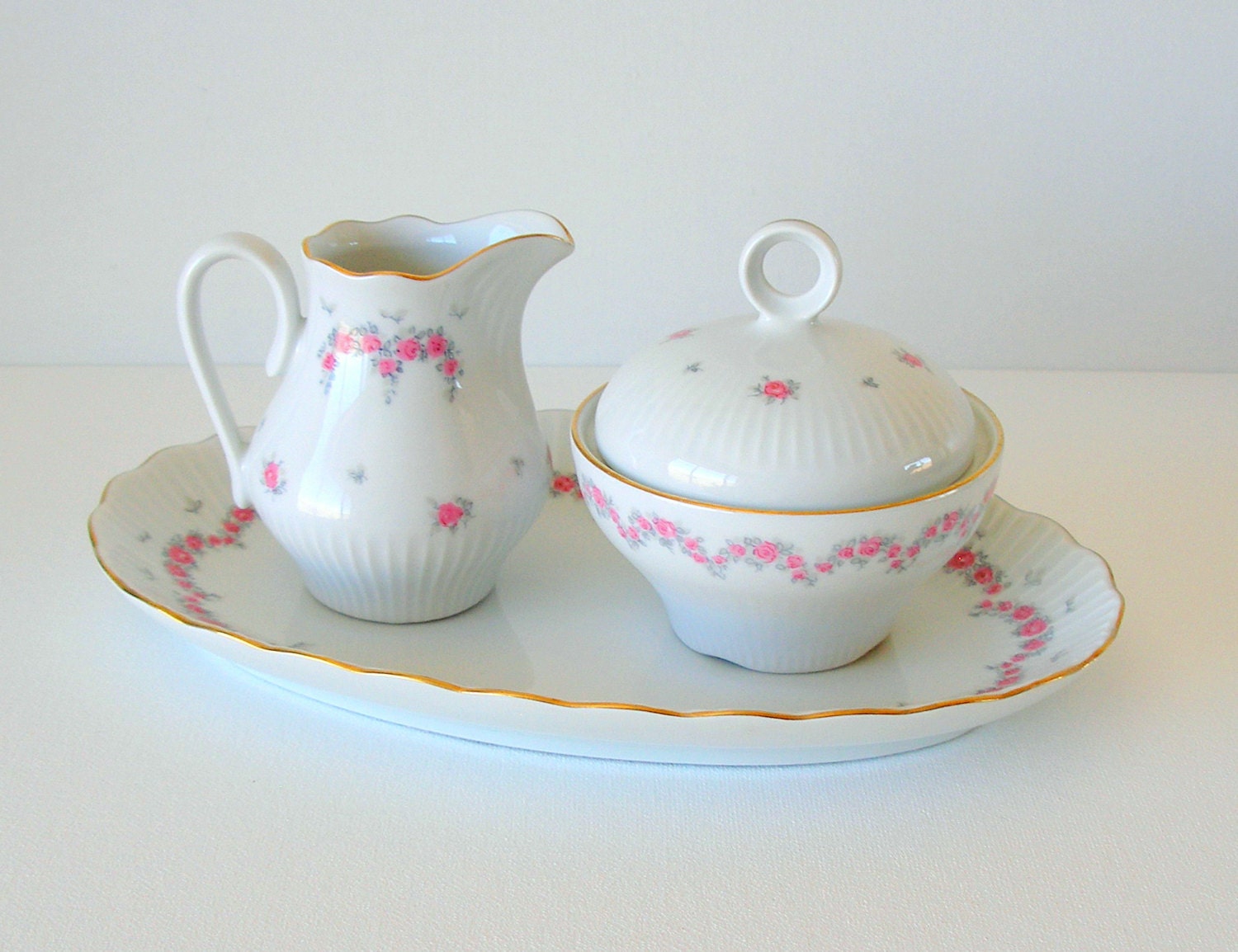 Vintage Cream and Sugar Bowl Set with Tray Petite Pink Roses Grey Leaves Germany