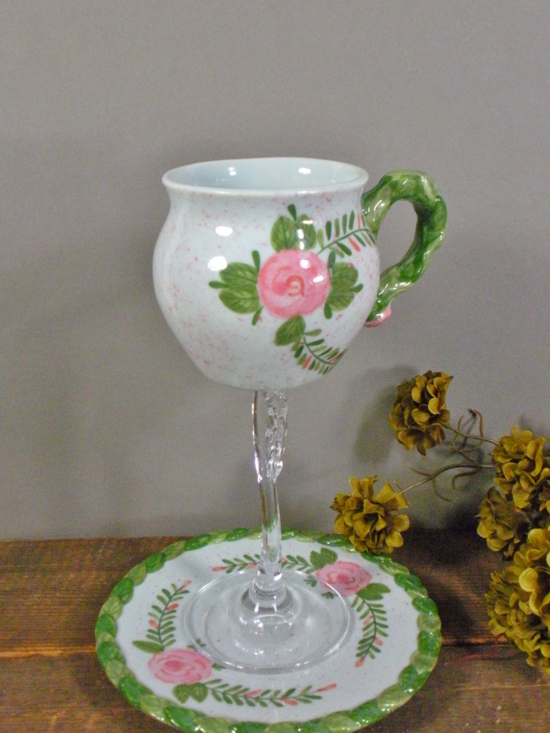 Tea cup wine glass / teacup wine glass / wedding wine glass / vintage wine glass / cottage chic / repurposed / upcycled