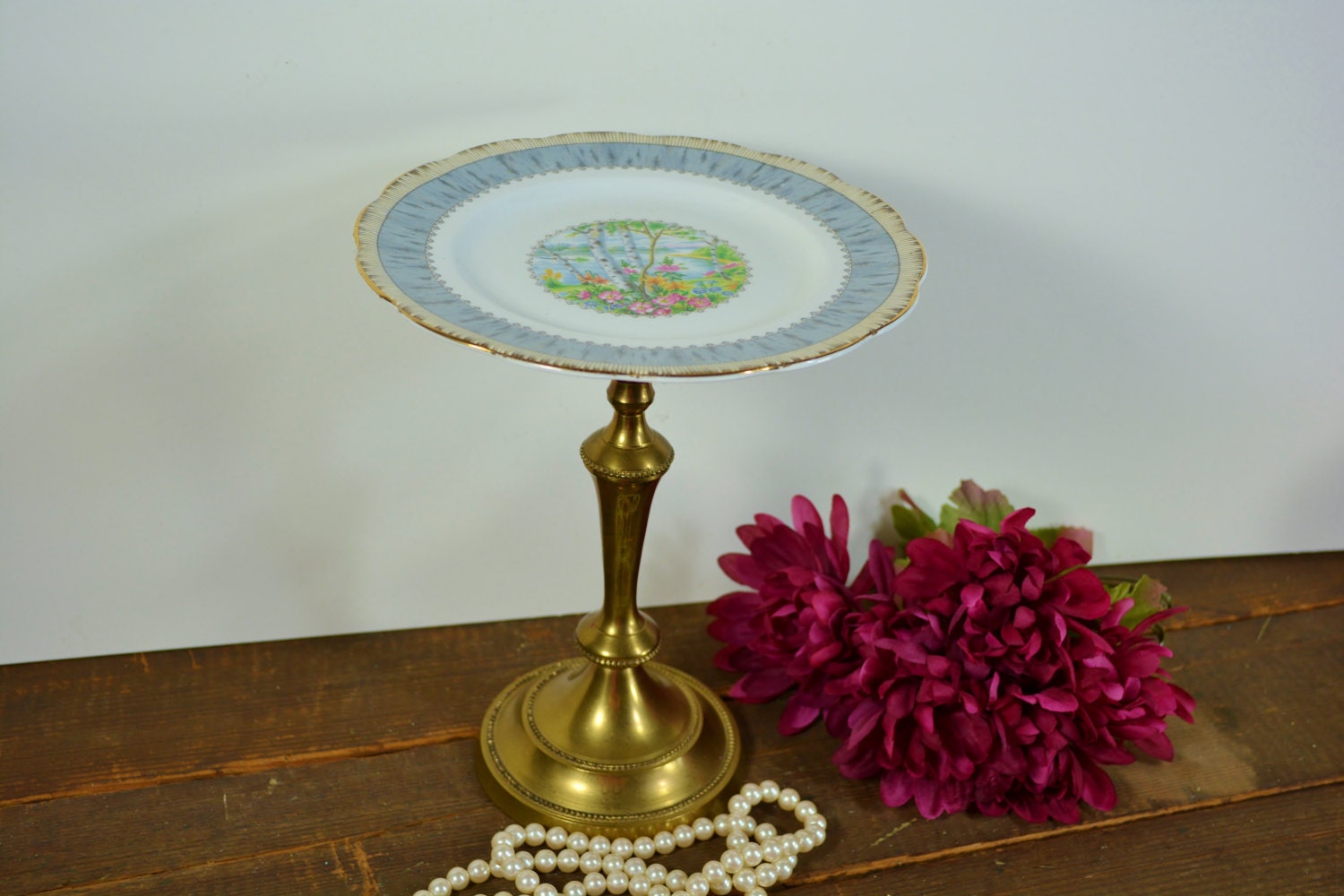Vintage candle holder / jewelry holder / dessert stand / cupcake stand / birch trees and flowers vintage china plate / repurposed