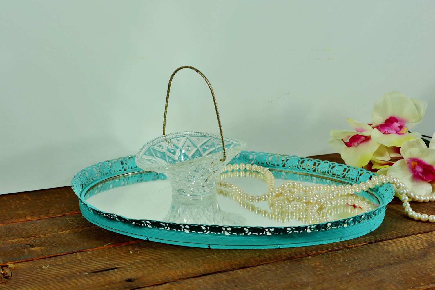 Vanity tray / vanity mirror tray / vintage / distressed / light turquoise / upcycled / shabby chic