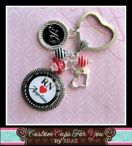 PERSONALIZED Name, Initial or Acronym Glass Bezel Pendant With Additional Custom Charm Necklace Or Keychain With Matching Beads