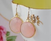 Round Faceted Bezel set Rose Pink Chalcedony Earrings in 22k Gold Vermeil