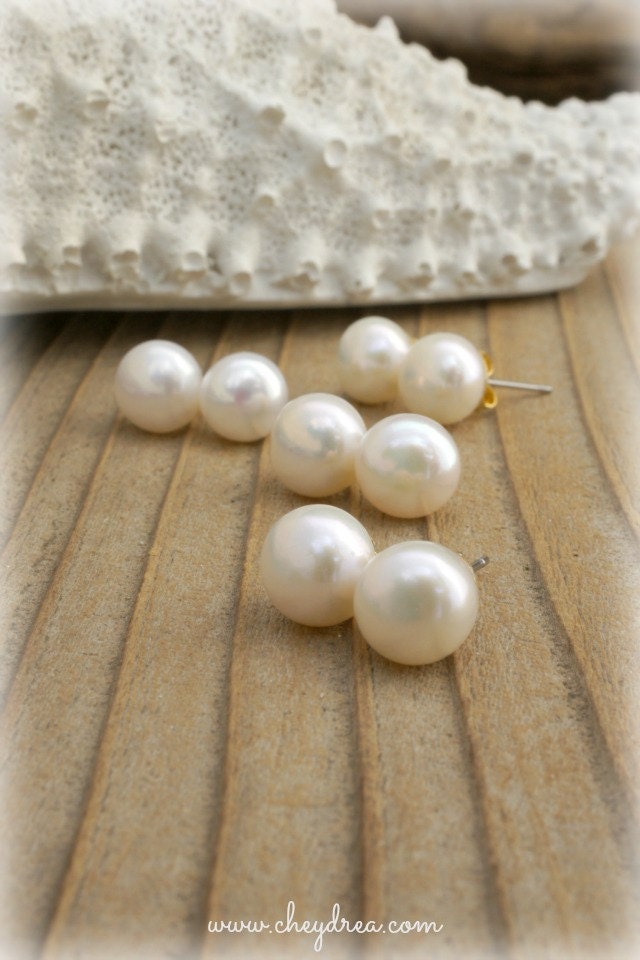BEACH WEDDING, Large Freshwater Pearl Stud Earrings, Bridal Gift,  4 Pair by Cheydrea