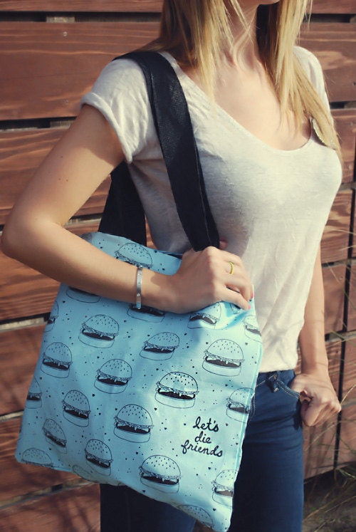 Burgers and hearts tote - light blue