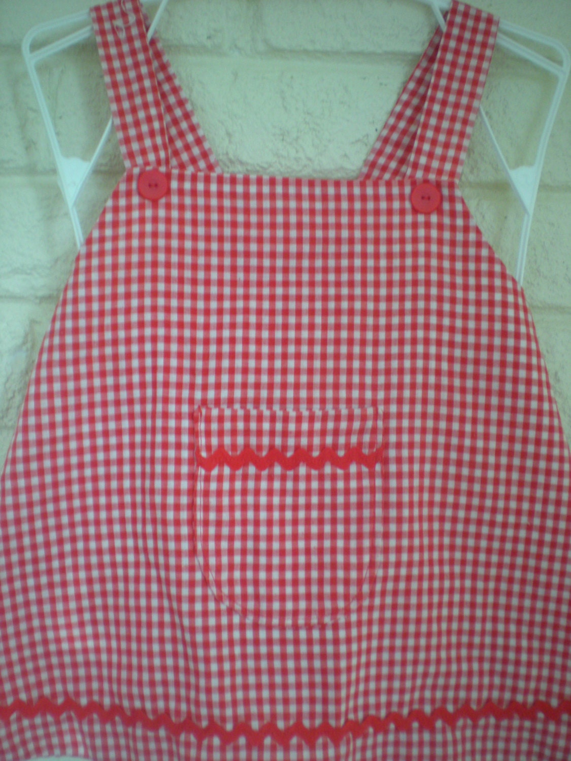 Red Gingham Sundress, Apron Style Pinafore Dress, Size 18 months-2T