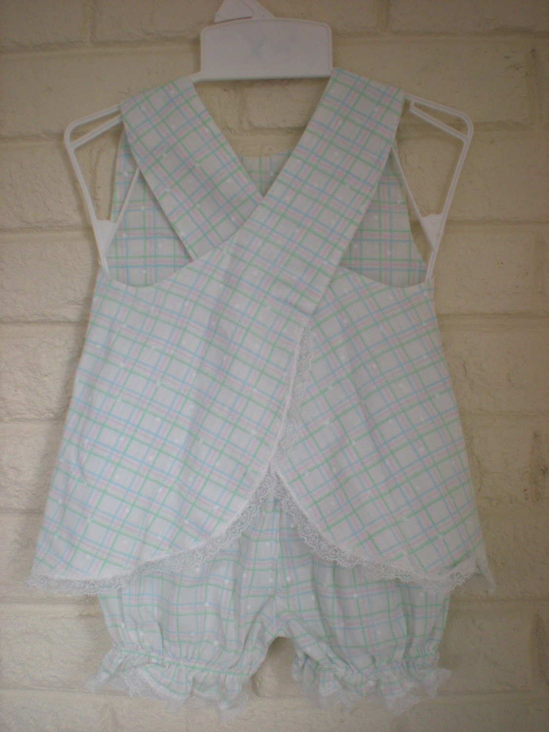 Pastel Plaid 2 Piece Sunsuit, Apron Style Pinafore Dress and Bloomers Size 12-18 months
