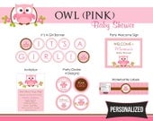Owl Baby Shower PRINTABLE Party Package (Pink) DIY for Baby Girl PERSONALIZED - Invitation, Party Circle, Banner, etc