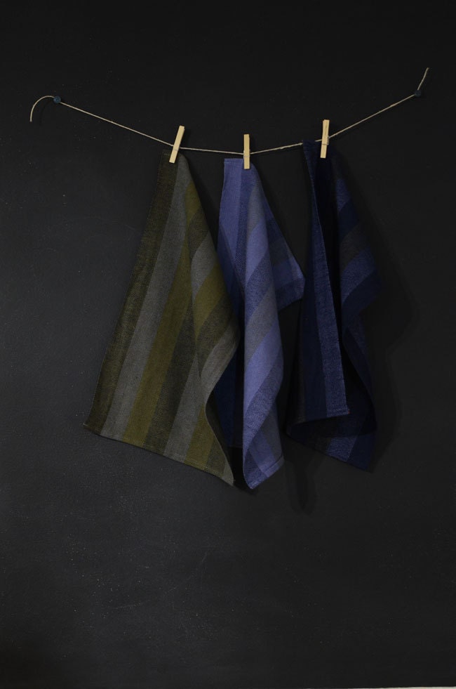 3 Handwoven Blue and Green Striped Tea Towels