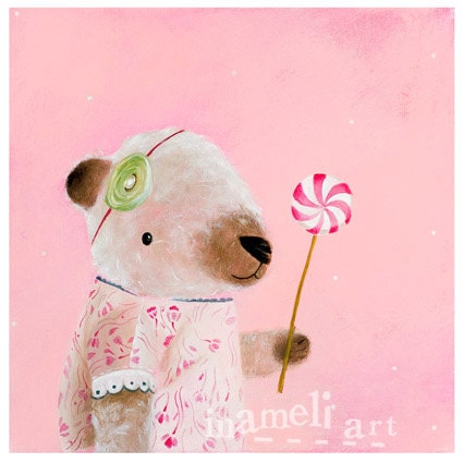 Nursery Art Print, Kids Wall Art, Nursery Decor, Teddy bear and lollipop, Baby Pink Decor