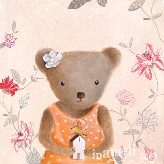 Teddy bear illustration, lovely animal wall art, nursery room decoration, bear art, Playroom Decor, children animal painting by inameliart - inameliart