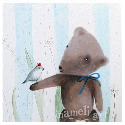whimsical teddy bear and bird art, animal illustration, nursery painting, childrens room illustration, baby artwork by inameliart