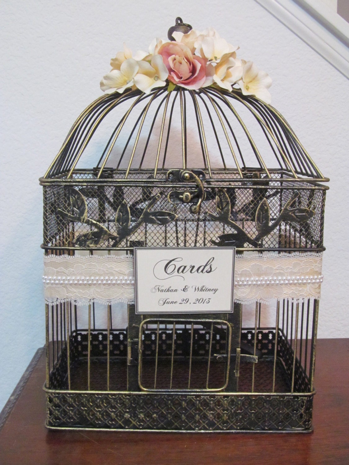 Wedding Card Box / Vintage Style / Pearls / Lace / Birdcage Wedding Card Holder / Vintage Wedding Birdcage