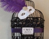 Venetian Ball Wedding Card Box With Pearls and Ostrich Feather / Mascarade Black Birdcage Card Holder / Mardi Gras / Masquerade Wedding