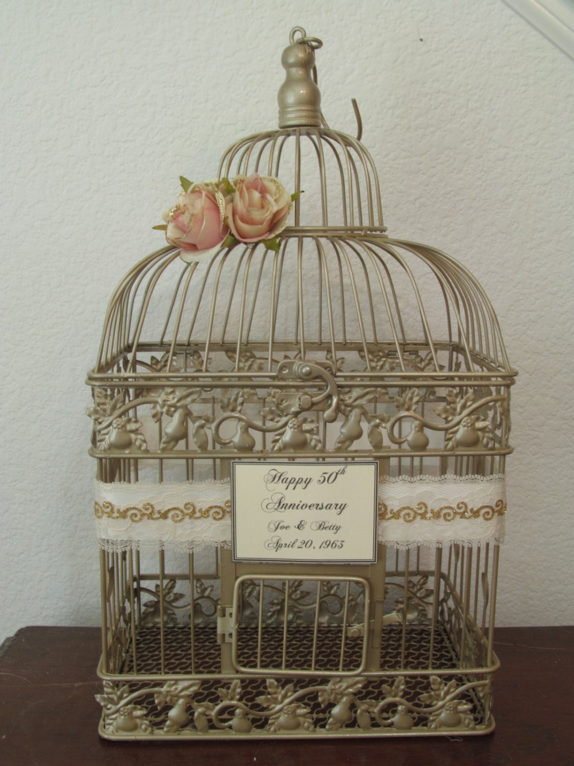 50th Anniversary Card Box / Champagne Birdcage Card Holder / Bird Cage Anniversary Card Holder / Elegant / Gold