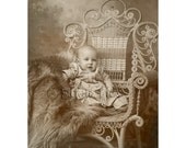 Antique Photo / Cabinet Card Photograph / Baby on Fur Gorgeous Wicker Chair