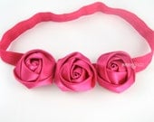 Dark Pink Baby Headband - 3 Satin Rosettes In A Row Headband Roses - Newborn Toddler Girl Special Occasion Bright Pink