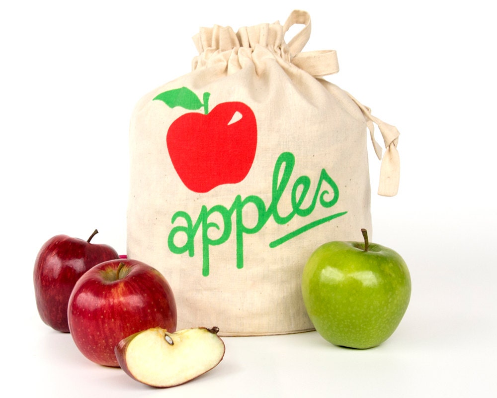 APPLES: Handmade reusable eco friendly fresh fruit produce storage bag. Hemp organic cotton tote. Screen printed. Medium Size 4.