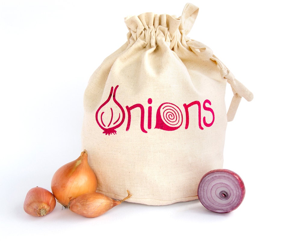 ONIONS: Handmade reusable eco friendly farmers market tote. Hemp organic cotton fabric cloth bag. Cute kitchen storage. Medium Size 4.
